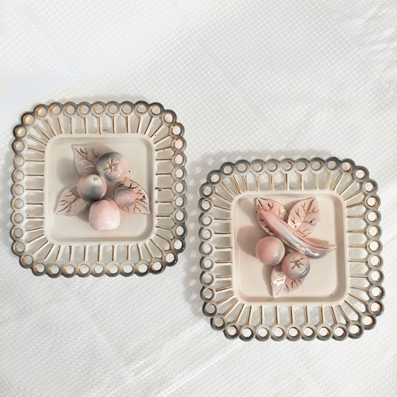 Vtg 1950s Porcelain Luster Fruit Wall decor Pottery Gold Accent 50s Kitsch